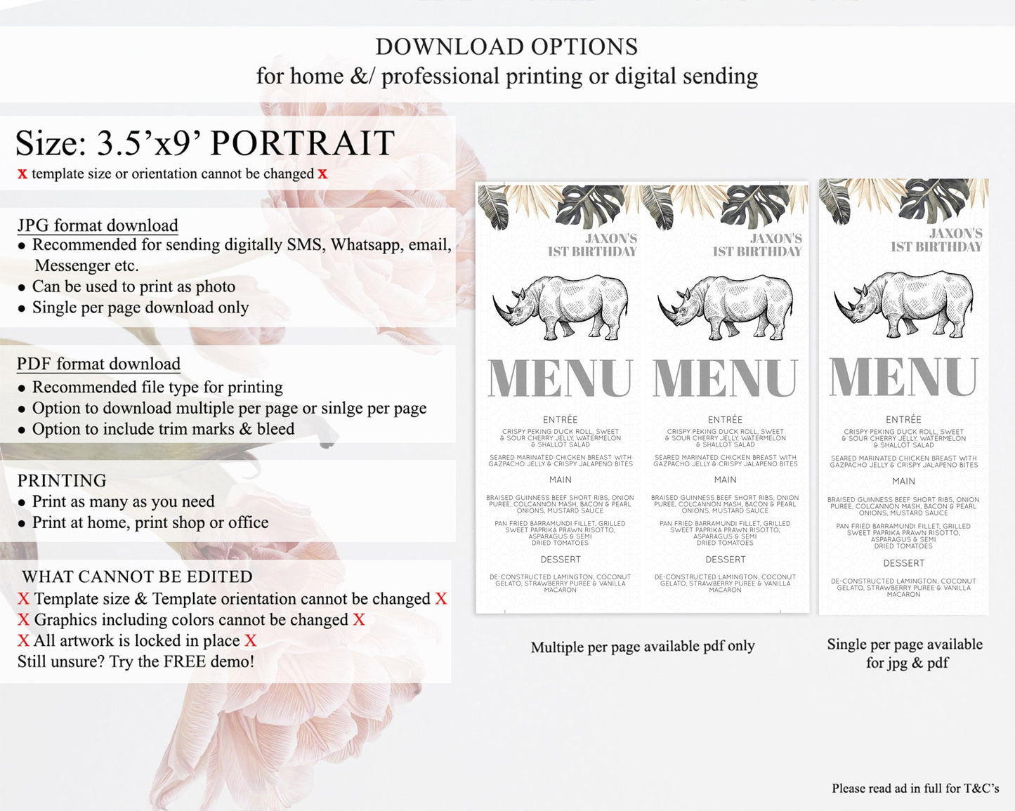 Rhino Menu Rhino Menu Template Rhino Party Table Decor Safari Adventure Decor Rhino Dinner Dessert Menu Rhino Party Food Menu D10826