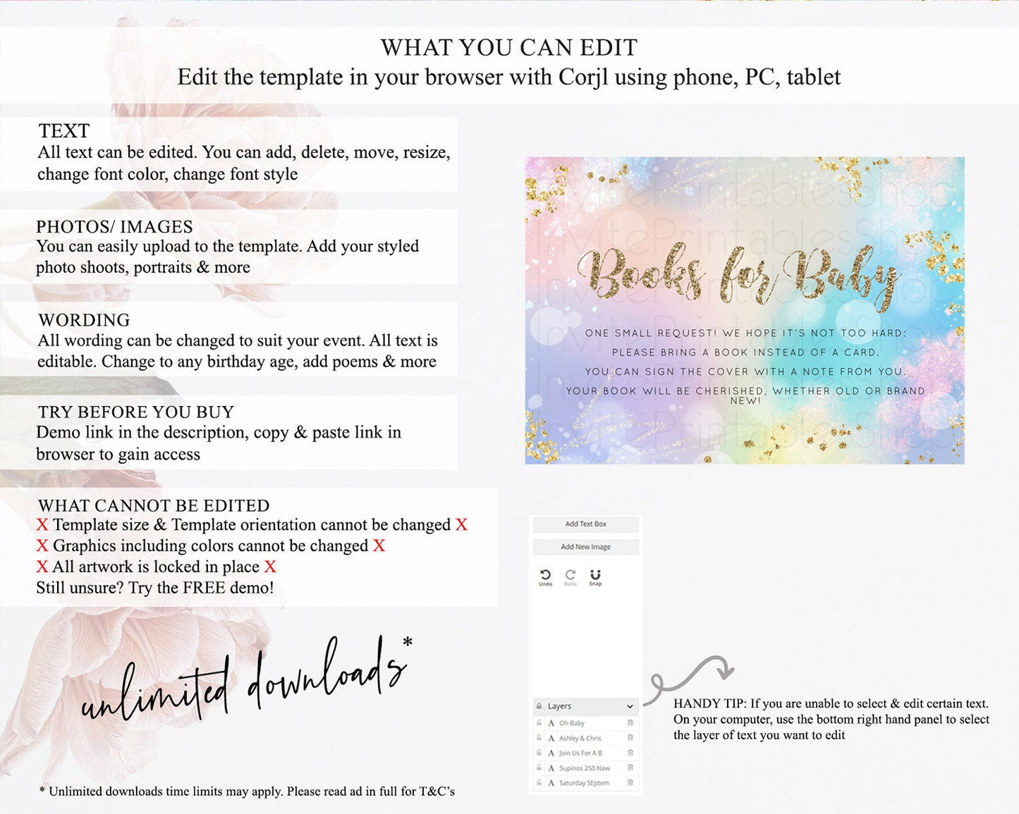 Pastel Books For Baby Card Pastel Rainbow Book Insert Colorful Ombre Watercolor Book Card Confetti Glitter Baby Book Poem Request D10677