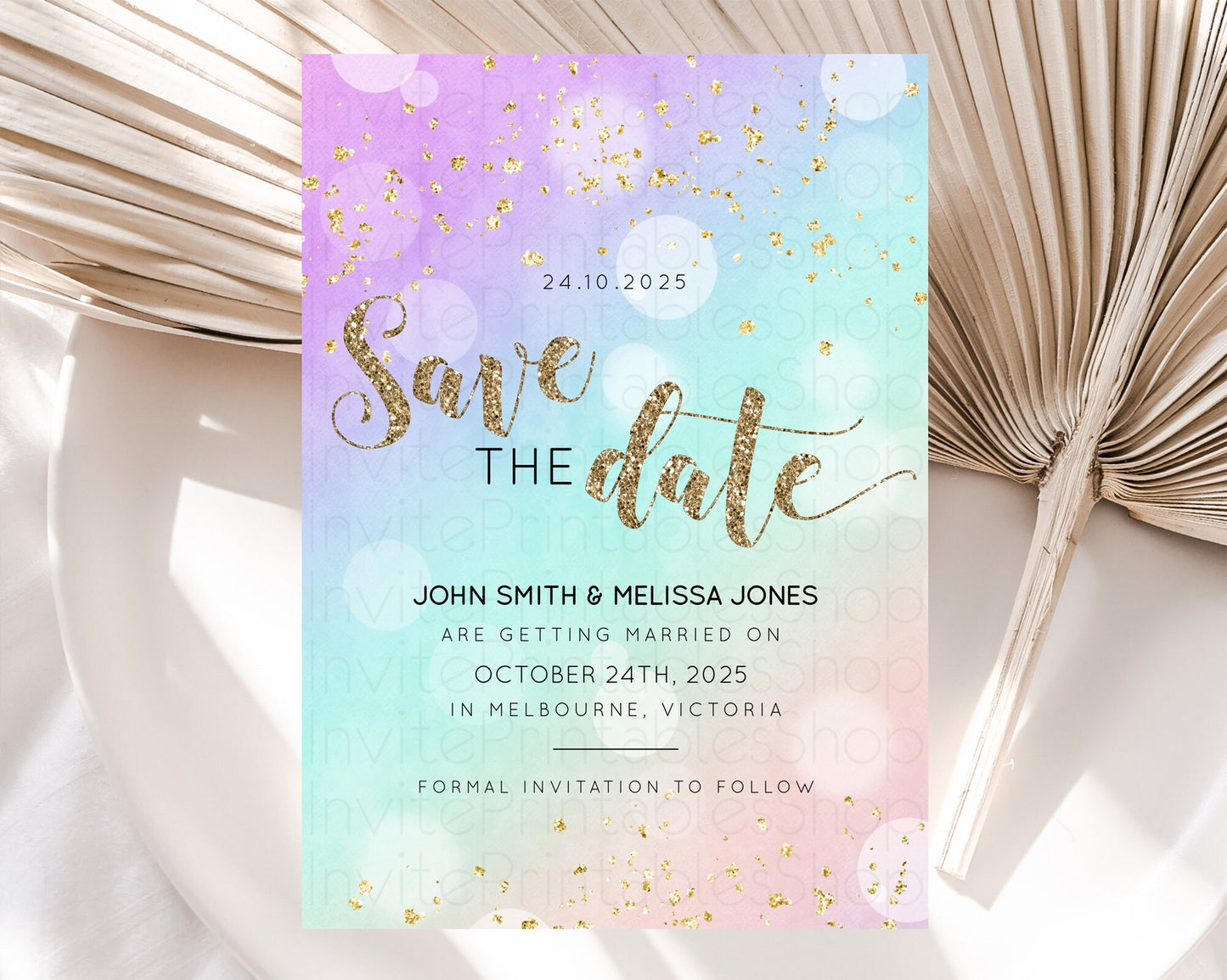 Pastel Save The Date Template Pastel Ombre Rainbow Watercolor Colorful Party For Birthday Baptism Baby Shower Wedding Bridal Shower D10621