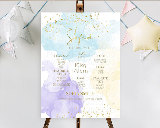 Pastel First Birthday Milestone Board Pastel Rainbow Milestone Poster Colorful Confetti Watercolor Glitter 1st Birthday Welcome Sign D10206