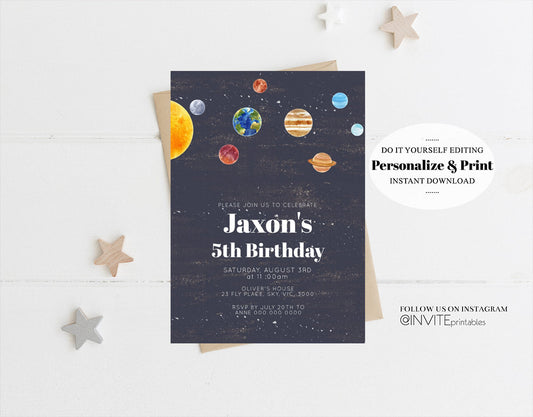 Space Birthday Invitation Spaceship Blast Off Night Sky Stars Planets Rocket Ship Moon Galaxy Milkyway Solar System Custom Invite