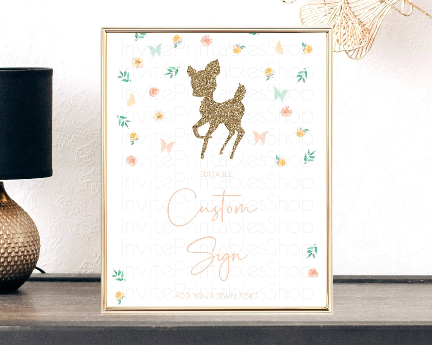 Fawn Deer Sign Pastel Floral Deer Table Sign Decor Enchanted Forest Butterfly Party 1st Birthday Baptism Baby Shower Bridal Shower D10355