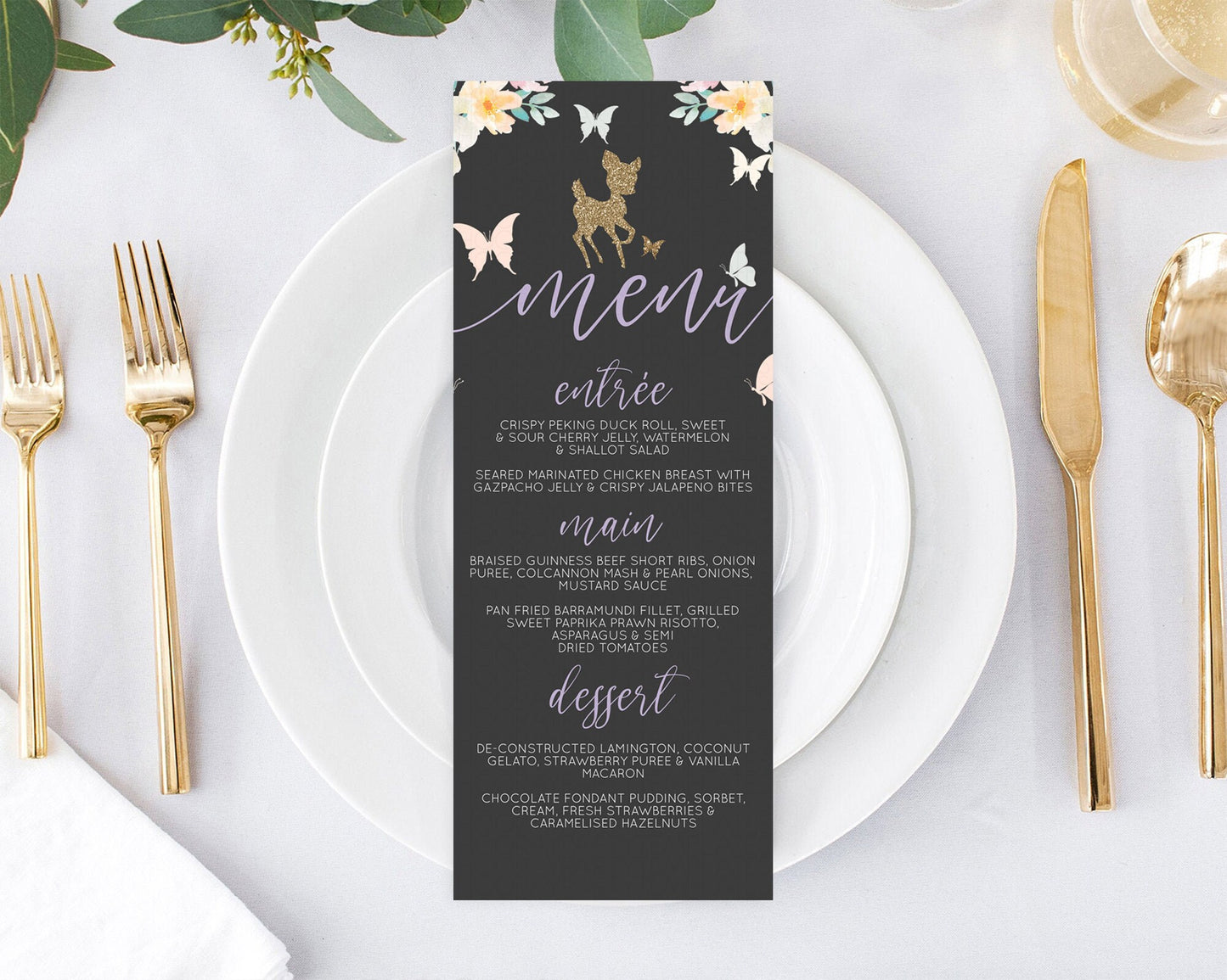 Fawn Menu Deer Menu Template Pastel Floral Deer Table Decor Enchanted Forest Butterfly Floral Dinner Dessert Menu Party Food Menu D10323