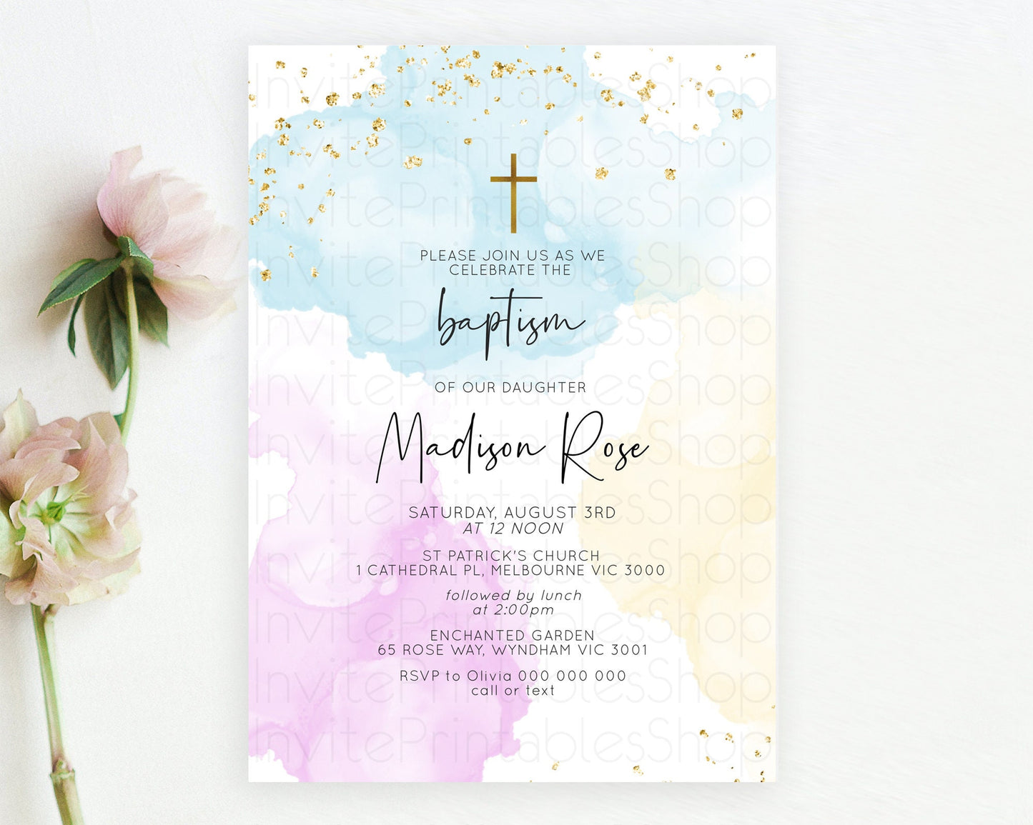 Pastel Baptism Invitation Pastel Colors Watercolor Baptism 1st Birthday Party Gold Ombre Pastel Rainbow Christening Holy Communion D10155