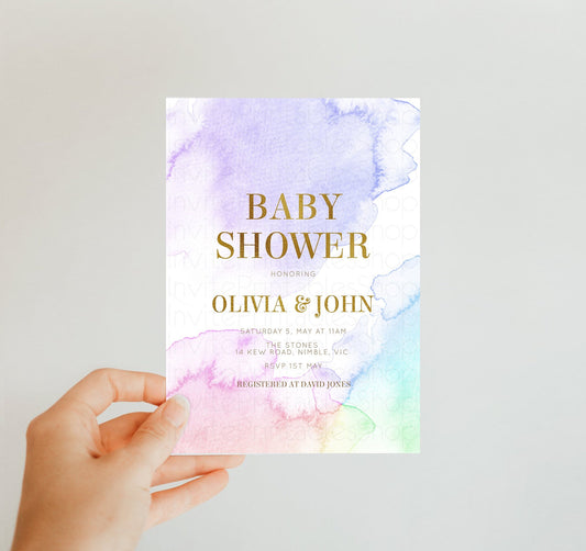 Watercolor Baby Shower Invitation Gold Glitter Splash Ink Pastel Rainbow Colorful Blue Pink Purple Gender Neutral Editable Invite Template