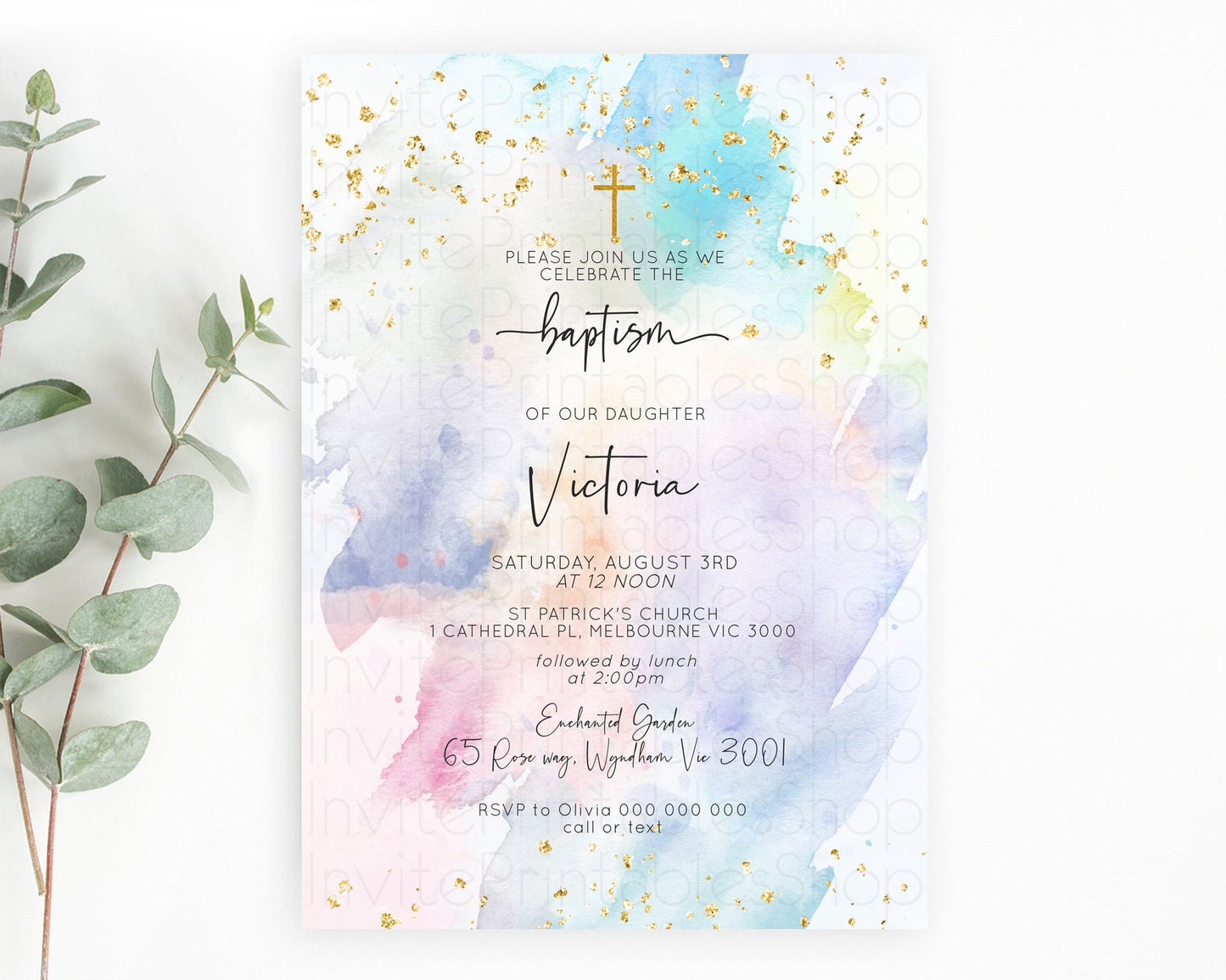 Pastel Baptism Invitation Pastel Colors Watercolor Baptism 1st Birthday Party Gold Ombre Pastel Rainbow Christening Holy Communion D10424