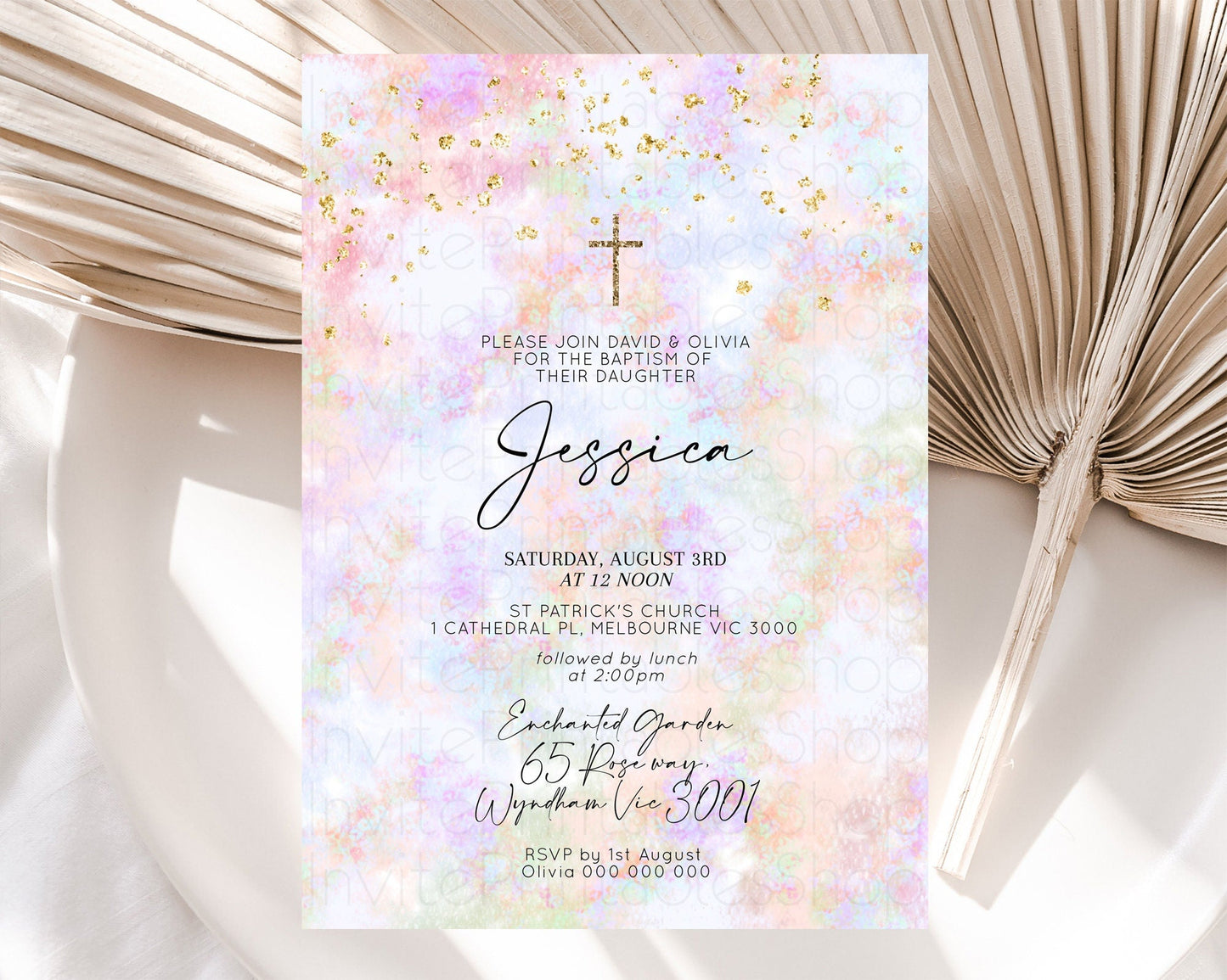 Pastel Baptism Invitation Pastel Colors Watercolor Baptism 1st Birthday Party Gold Ombre Pastel Rainbow Christening Holy Communion D10649