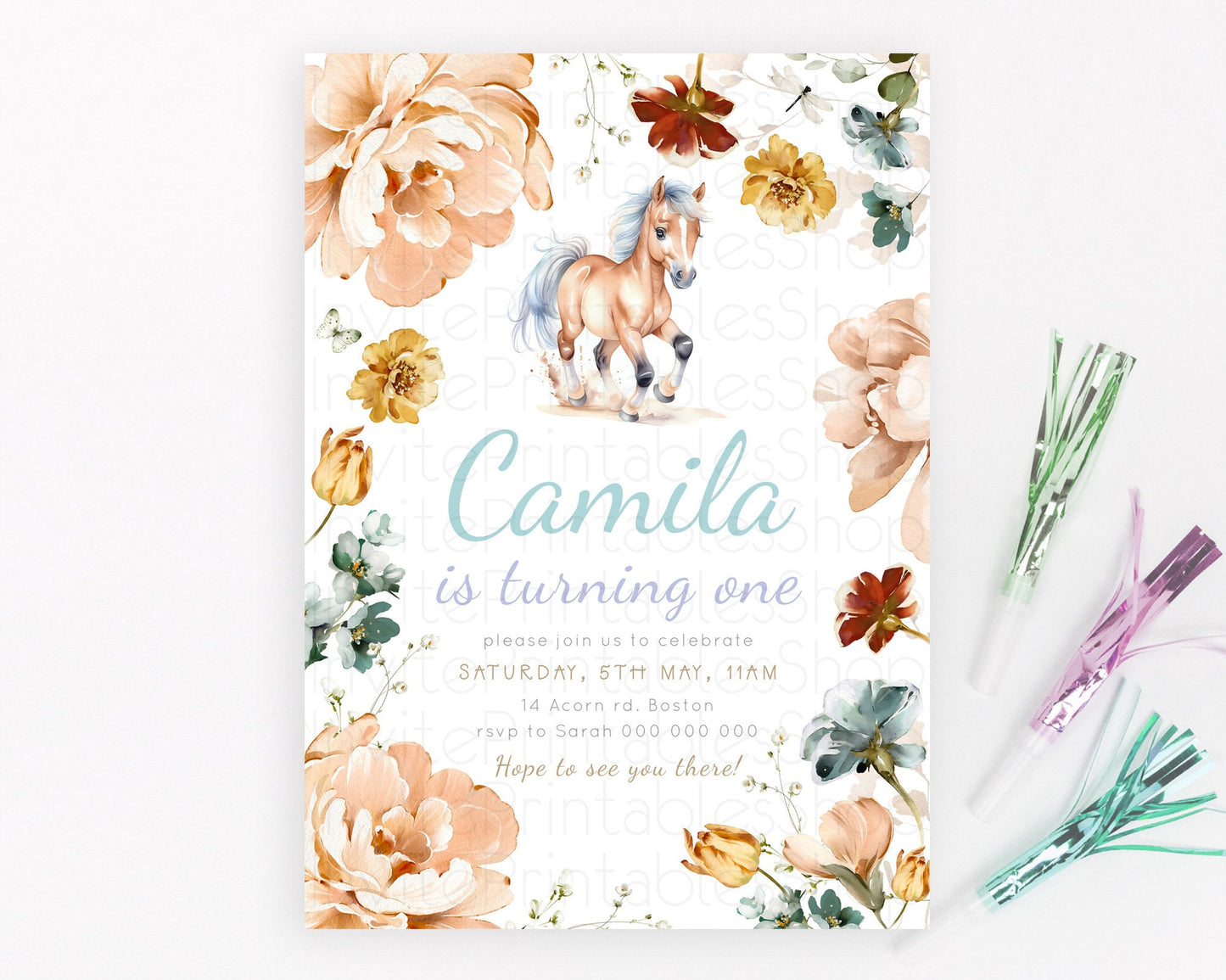 Horse Birthday Invitation, Galloping Wildflower Fields, Pastel Flowers, Butterflies, Flowers Accents for Equestrian & Cowgirls d23379