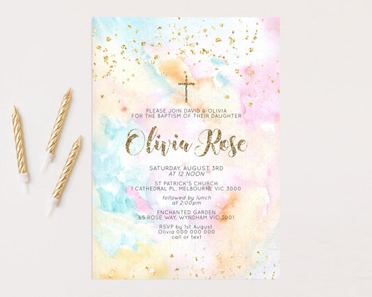 Rainbow Baptism invitation Pastel Rainbow Christening Invite Ombre Watercolor Invite Gold Glitter Sprinkle Splash Gold Cross Invite G566