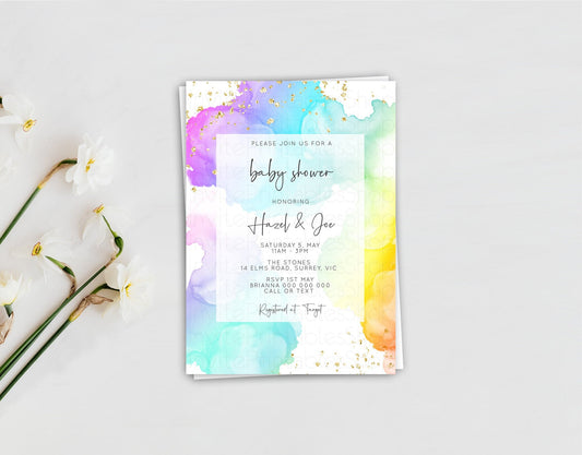 Rainbow Baby Shower Invitation Gold Glitter Splash Ink Pastel Watercolor Colorful Blue Pink Purple Gender Neutral Editable Invite Template