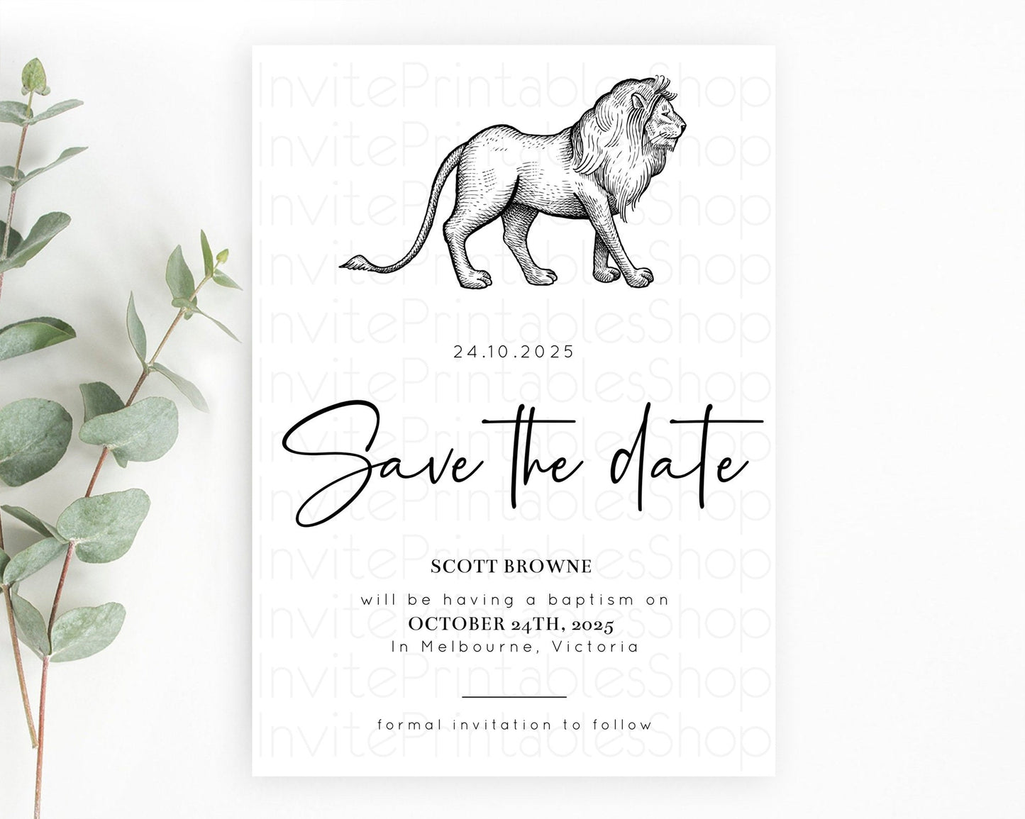 Lion Save The Date Template Lion Safari Adventure Party Dried Palm Ferns Zoo 1st Birthday Baptism Baby Shower Bridal Shower Wedding D10246