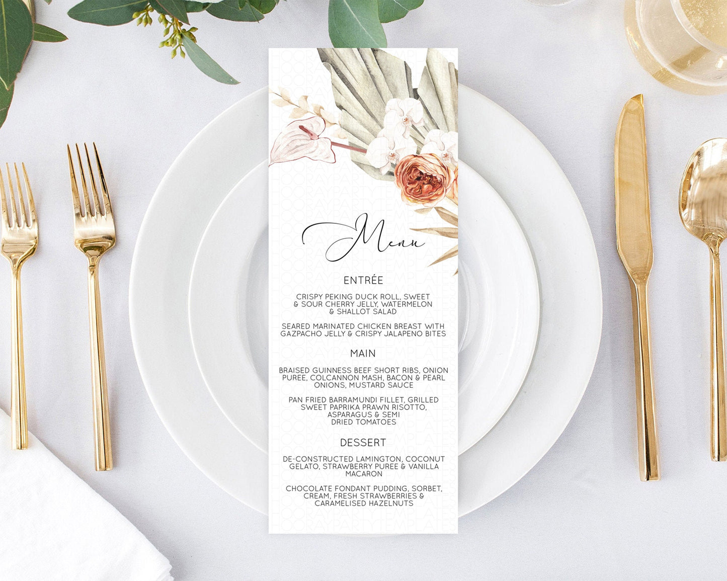 Tropical Menu Template Tropical Menu Palm Leaf Fern Table Decor Frangipani Floral White Orchid Dinner Dessert Menu Party Food Menu D11070