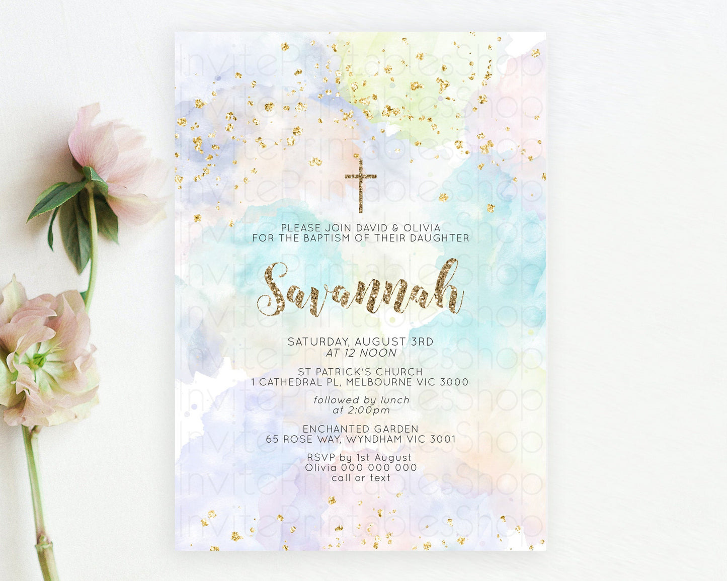 Pastel Baptism Invitation Pastel Colors Watercolor Baptism 1st Birthday Party Gold Ombre Pastel Rainbow Christening Holy Communion D10614