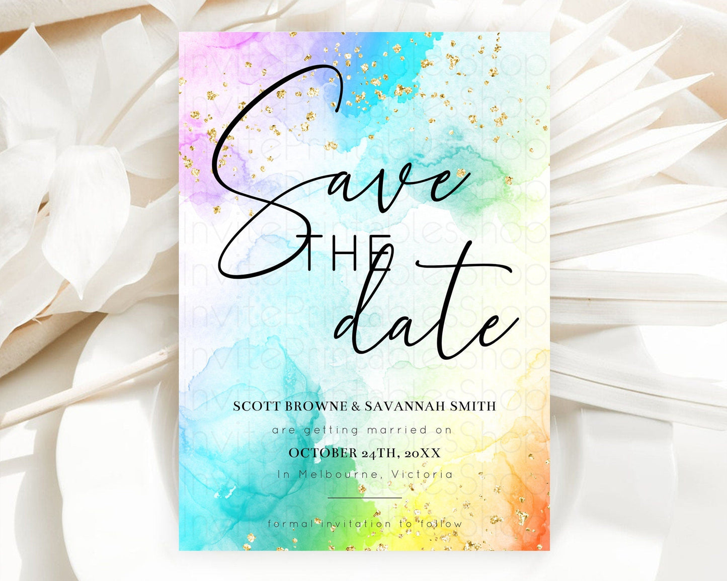Pastel Save The Date Template Pastel Ombre Rainbow Watercolor Colorful Party For Birthday Baptism Baby Shower Wedding Bridal Shower D10771