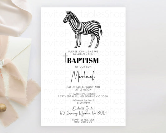 Zebra Baptism Invitation Zebra Baptism 1st Birthday Invitation Jungle Safari Christening Invite Watercolor Tropical Zoo Adventure D10249