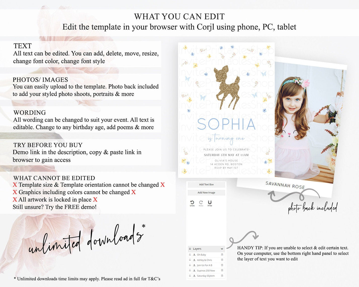 Fawn Birthday Invitation Deer Birthday Invitation Enchanted Forest Party Butterfly Pastel Flowers Whimsical 2nd 1st First Birthday D10360