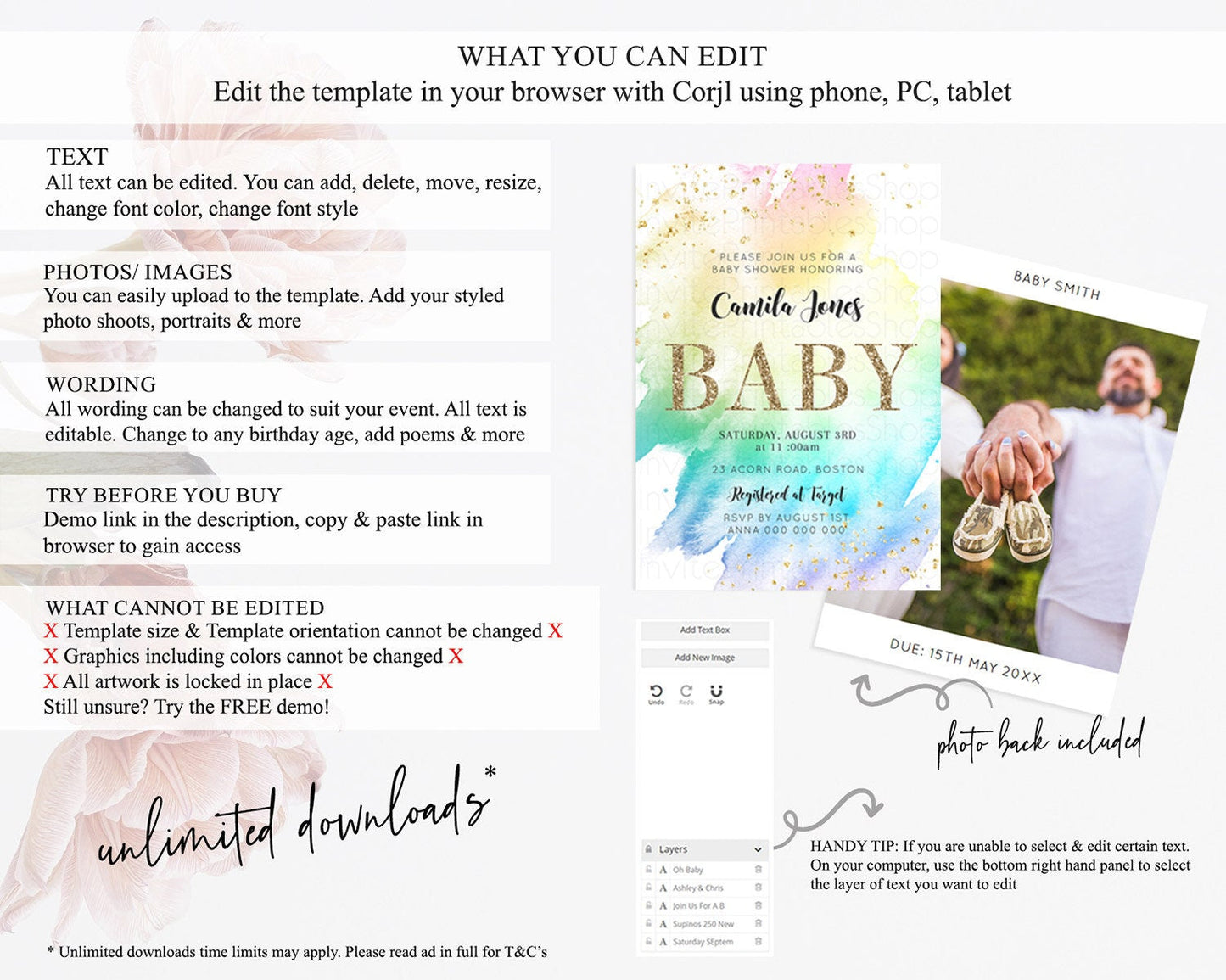 Pastel Rainbow Baby Shower Invitation with Gold Glitter Sprinkles, Colorful Watercolor Ombre Theme in Pink, Yellow, Blue, and Purple D10256