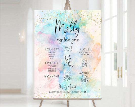 Pastel First Birthday Milestone Board Pastel Rainbow Milestone Poster Watercolor Glitter One Year Poster Colorful Splash Baby 1st Year 276v3