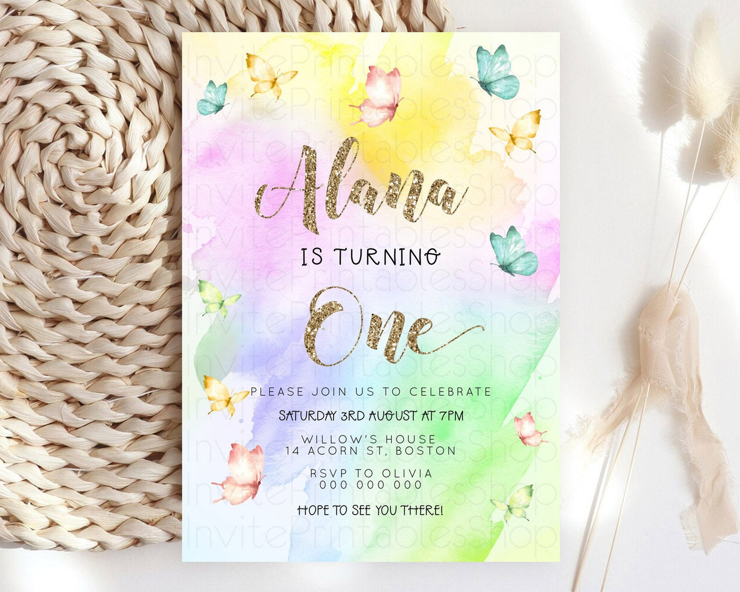 Pastel Butterfly Birthday Invitation Butterfly Birthday Invitation Colorful Splash Glitter Butterfly Garden 1st 2nd Birthday D23258