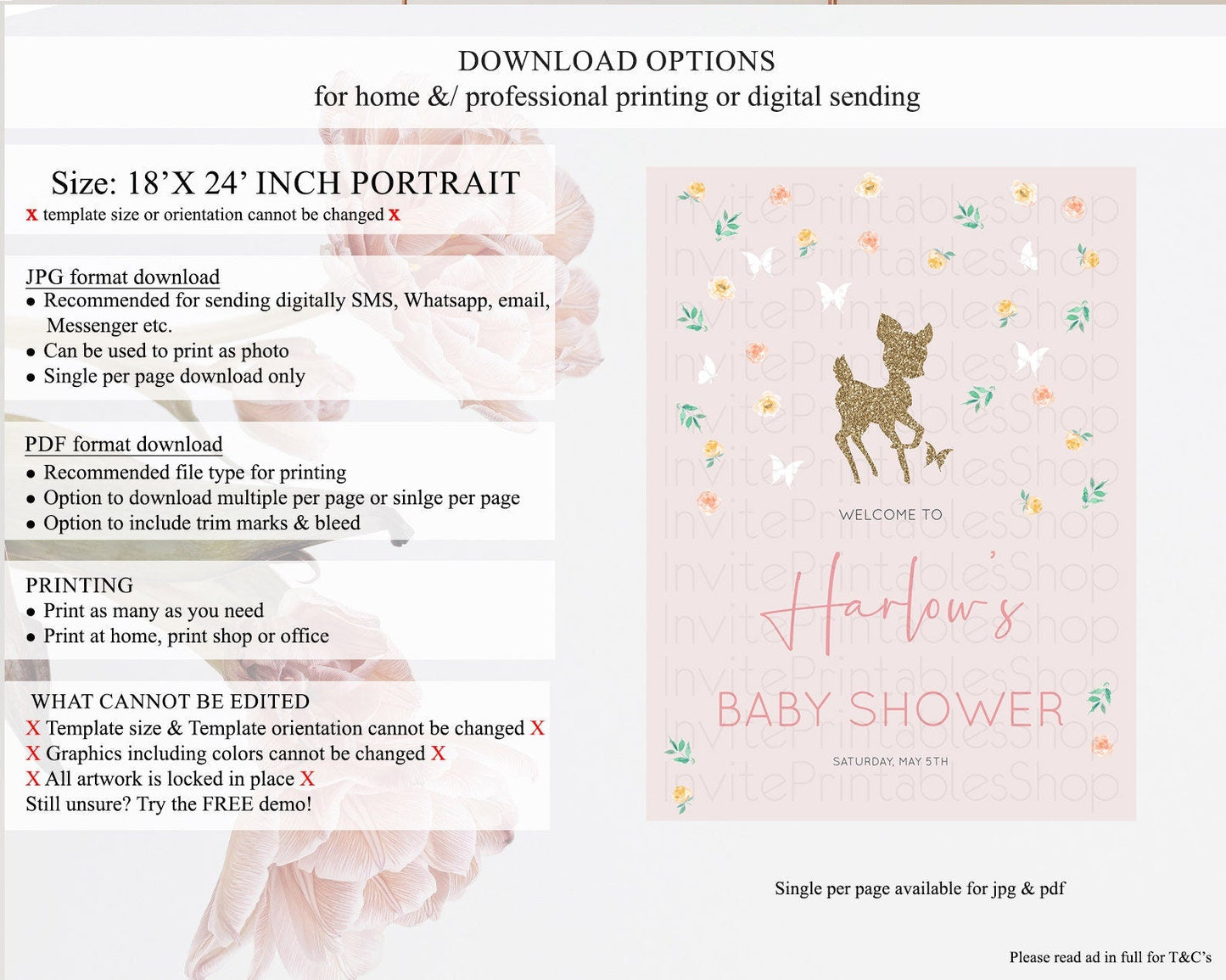 Fawn Baby Shower Welcome Sign Deer Welcome Board Floral Deer Welcome Poster Enchanted Forest Butterfly Pastel Floral Welcome Sign D10386