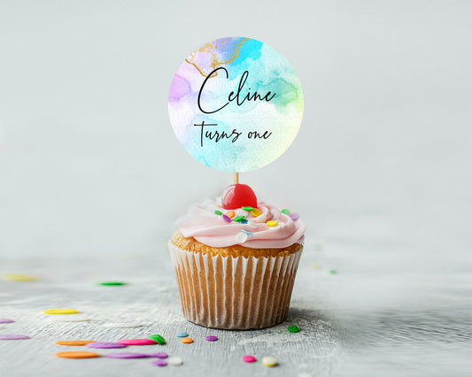 Editable Rainbow Cupcake Toppers Pastel Cupcake Toppers Colorful Pastel Wate