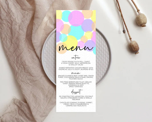 Rainbow Menu Pastel Menu Template Pastel Rainbow Table Decor Confetti Colorful Pastel Menu Confetti Menu Dinner Plate Party Decor D10406