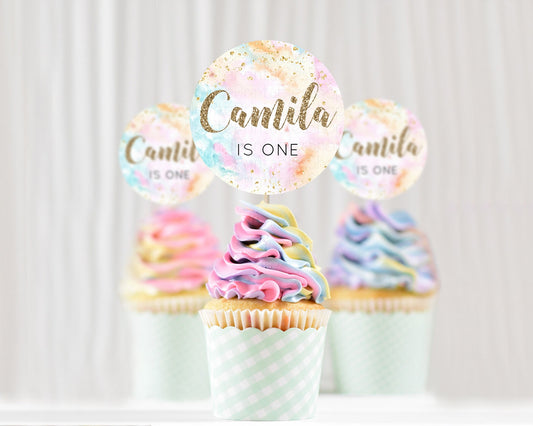 Editable Rainbow Cupcake Toppers Pastel Cupcake Toppers Colorful Pastel Wate
