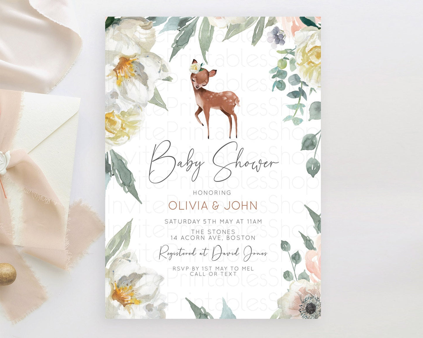 Fawn Baby Shower Invitation Deer Baby Shower Invites Enchanted Forest Theme Butterfly Pastel Flowers Whimsical Baby Shower D11030