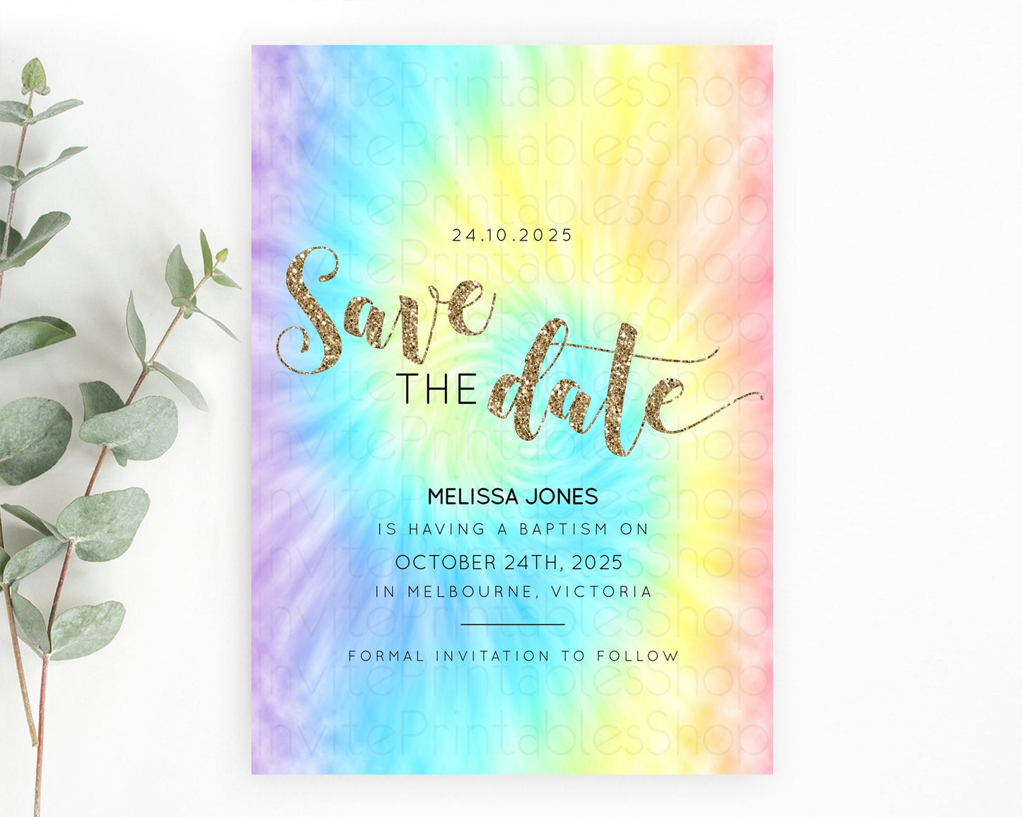 Tie Dye Save The Date Template Rainbow Pastel Ombre Watercolor Party For 1st Birthday Baptism Baby Shower Bridal Shower Wedding D10580