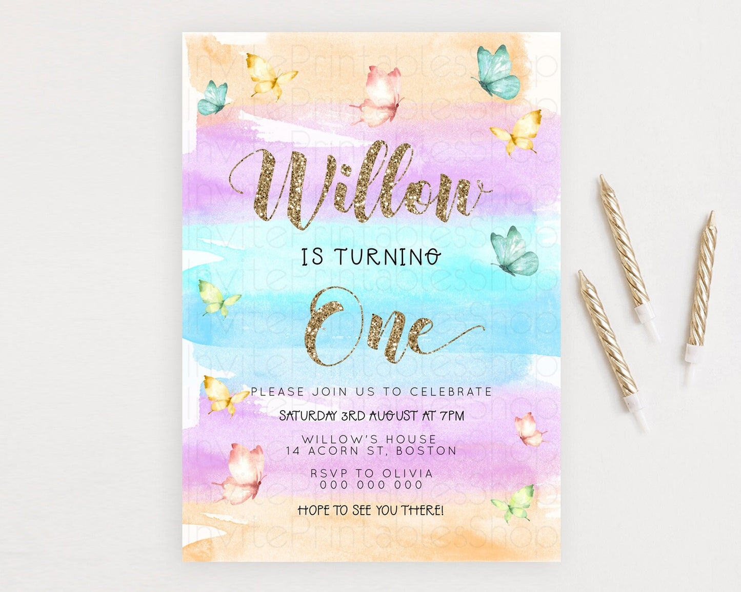 Pastel Butterfly Birthday Invitation Butterfly Birthday Invitation Colorful Splash Glitter Butterfly Garden 1st 2nd Birthday D23225