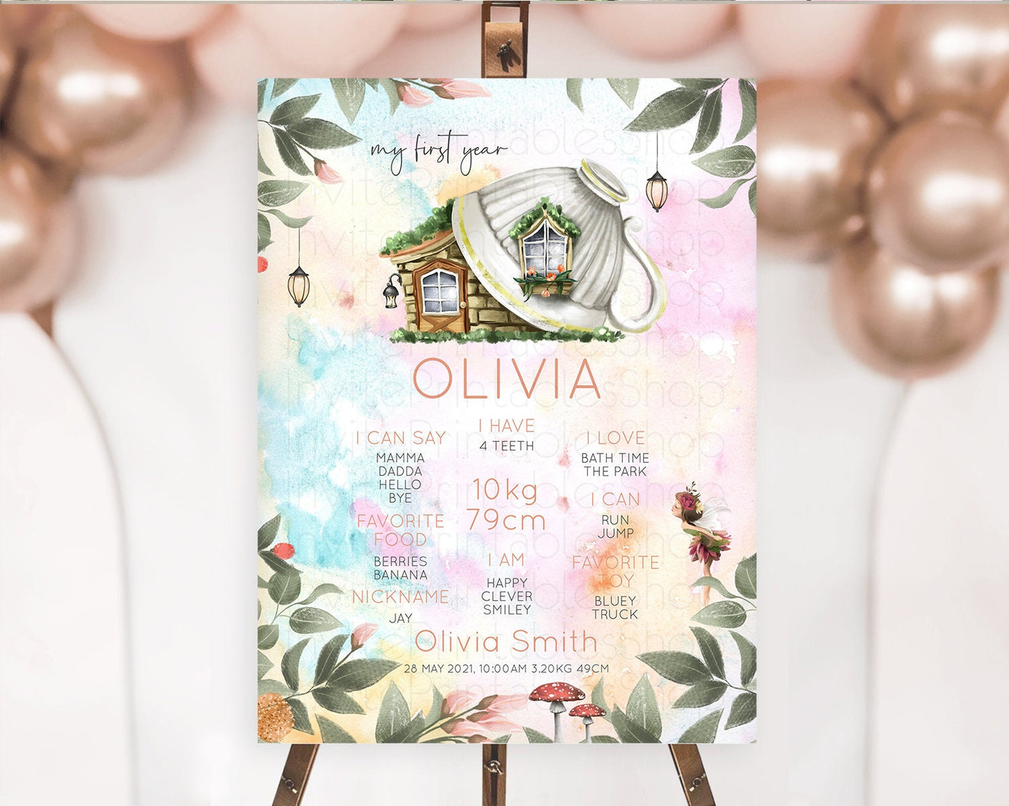 Fairy First Birthday Milestone Poster Fairy Secret Garden Milestone Board Enchanted Garden Pastel Floral Butterfly 1st Birthday Sign D10555