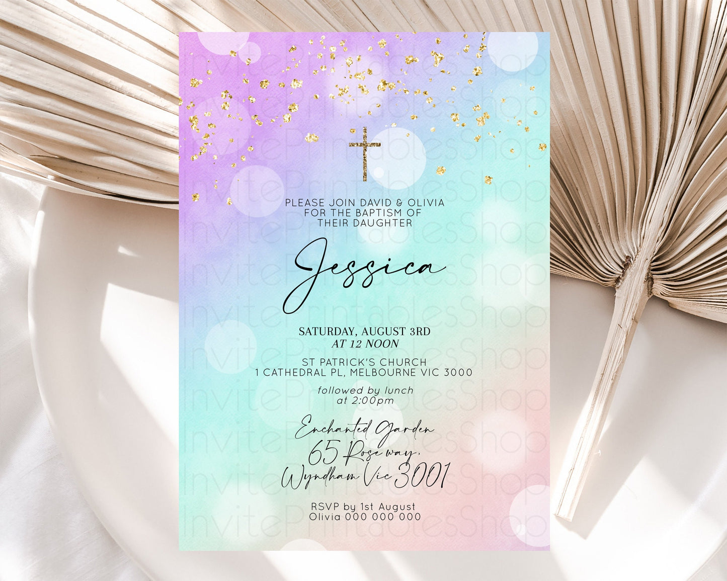 Pastel Baptism Invitation Pastel Colors Watercolor Baptism 1st Birthday Party Gold Ombre Pastel Rainbow Christening Holy Communion D10618