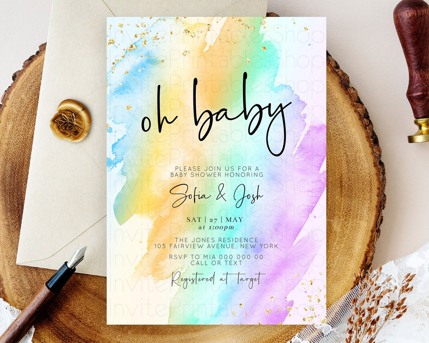 Pastel Baby Shower Invitation Rainbow Baby Shower Invitation Colorful Pastel Watercolor Invitation Gold Glitter Sprinkles Ombre D10427