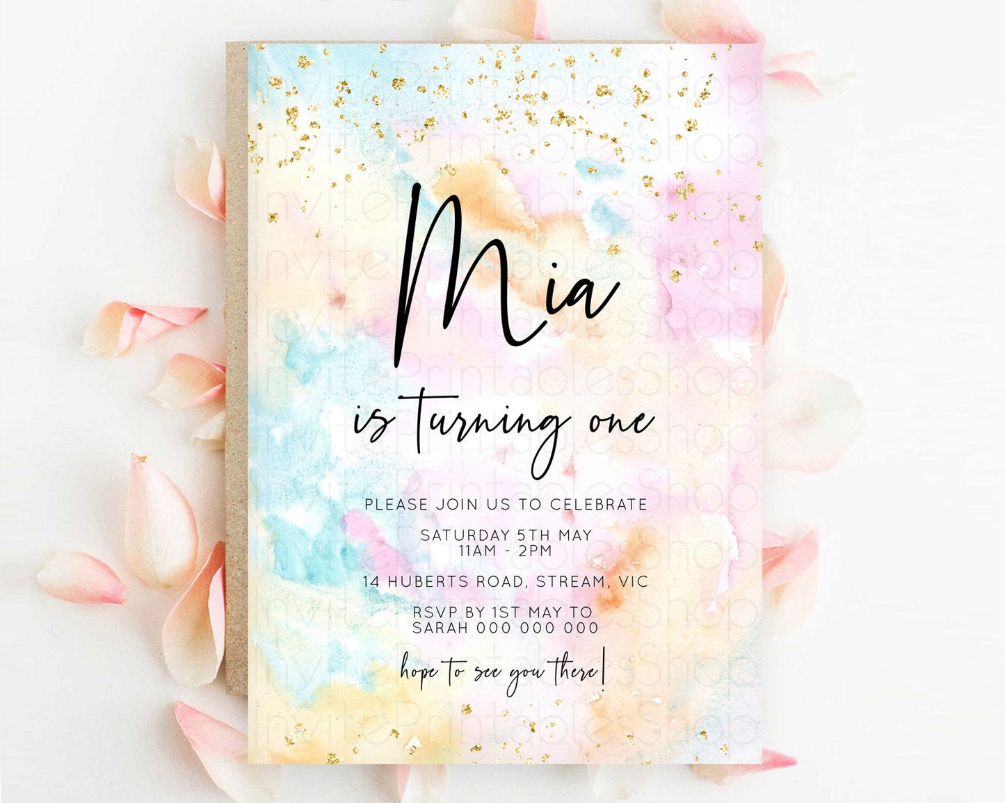 Rainbow Birthday Invitation Colorful Pastel Watercolor Invitation Gold Glitter Sprinkles Ombre Pastel 1st 2nd 3rd Birthday D10548