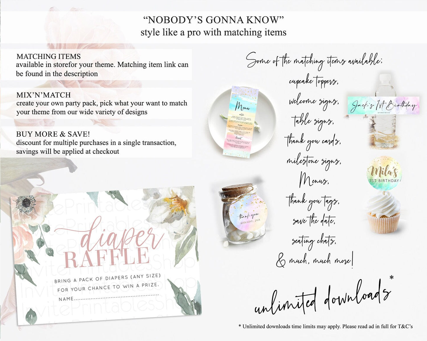 Secret Garden Diaper Raffle Card Boho Wildflower Diaper Raffle Insert Pastel Flower Garden Baby Shower Card Flower Raffle Game D10121