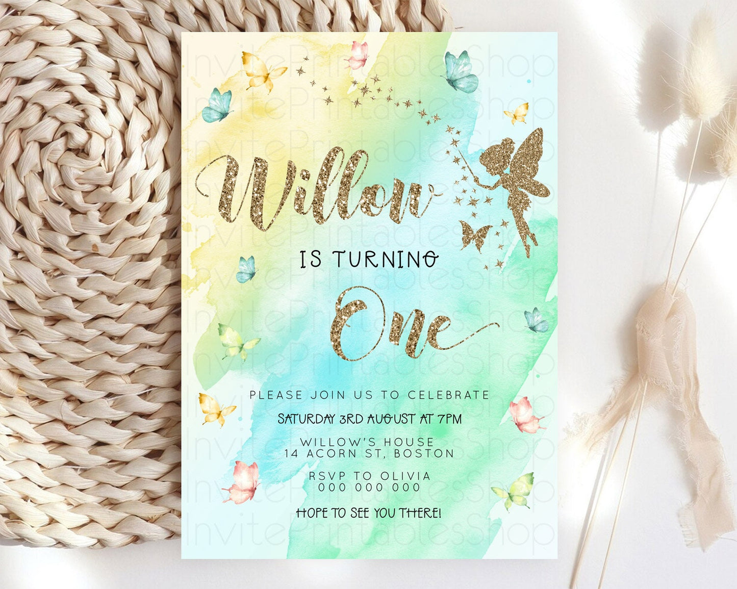 Pastel Fairy Birthday Invitation Pastel Butterflies Fairy Birthday Invitation Rainbow Ombre Watercolor 1st 2nd Birthday Invitation D23336
