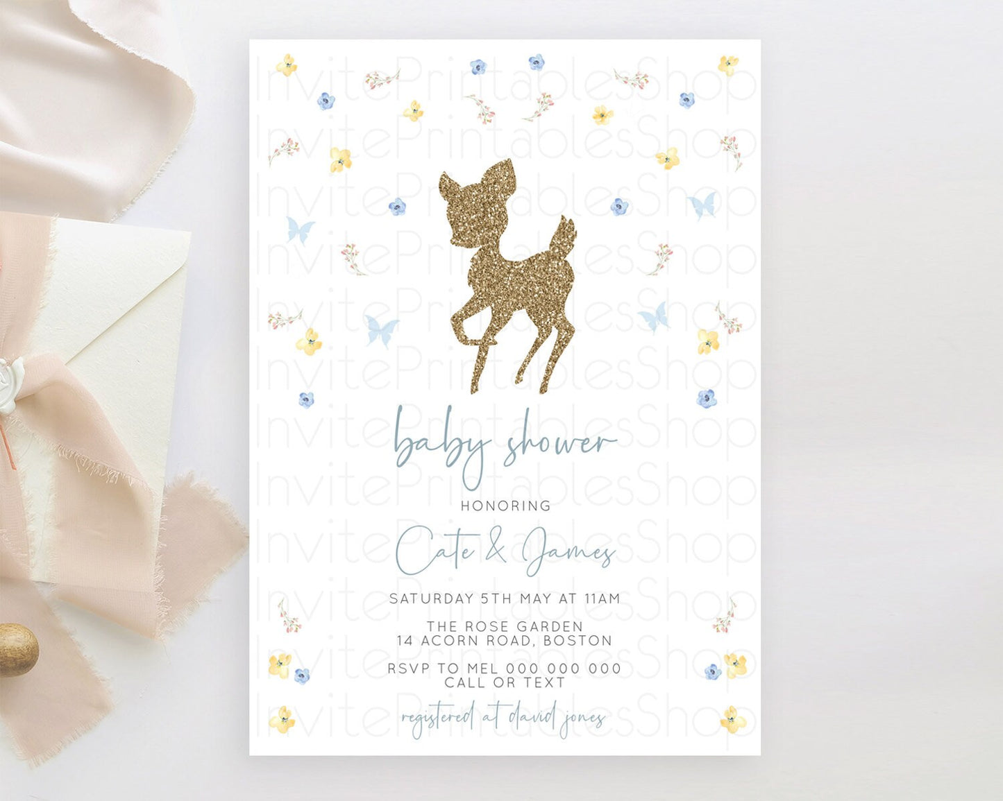 Fawn Baby Shower Invitation Deer Baby Shower Invites Enchanted Forest Theme Butterfly Pastel Flowers Whimsical Baby Shower D10360