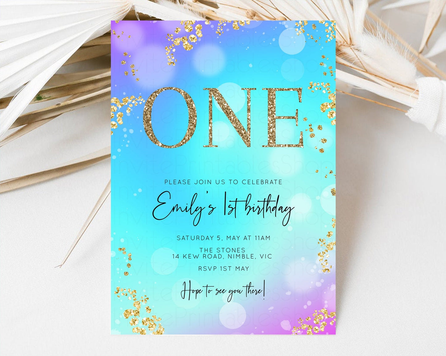 Bright Blue Purple Birthday Invitation Underwater Birthday Invitation Ombre Blue Invite Watercolor Invite Glitter Mermaid Invite 572