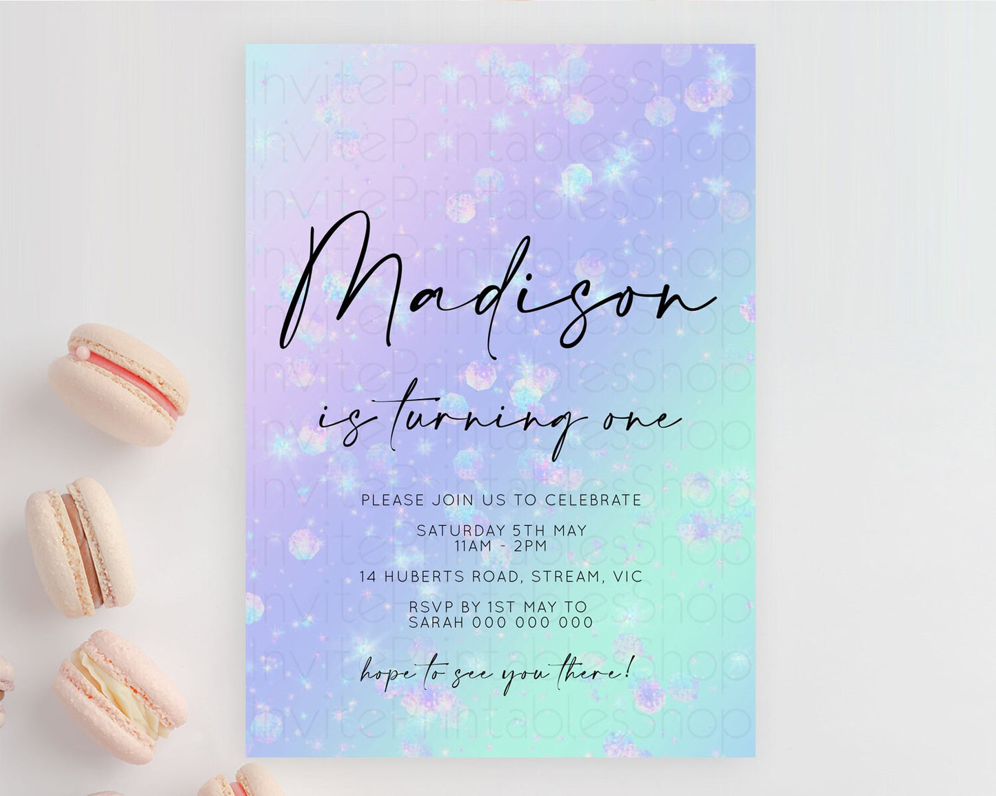 Rainbow Birthday Invitation Colorful Pastel Watercolor Iridescent Glitter Sprinkles Ombre Pastel Invitation 1st 2nd First Birthday D10663