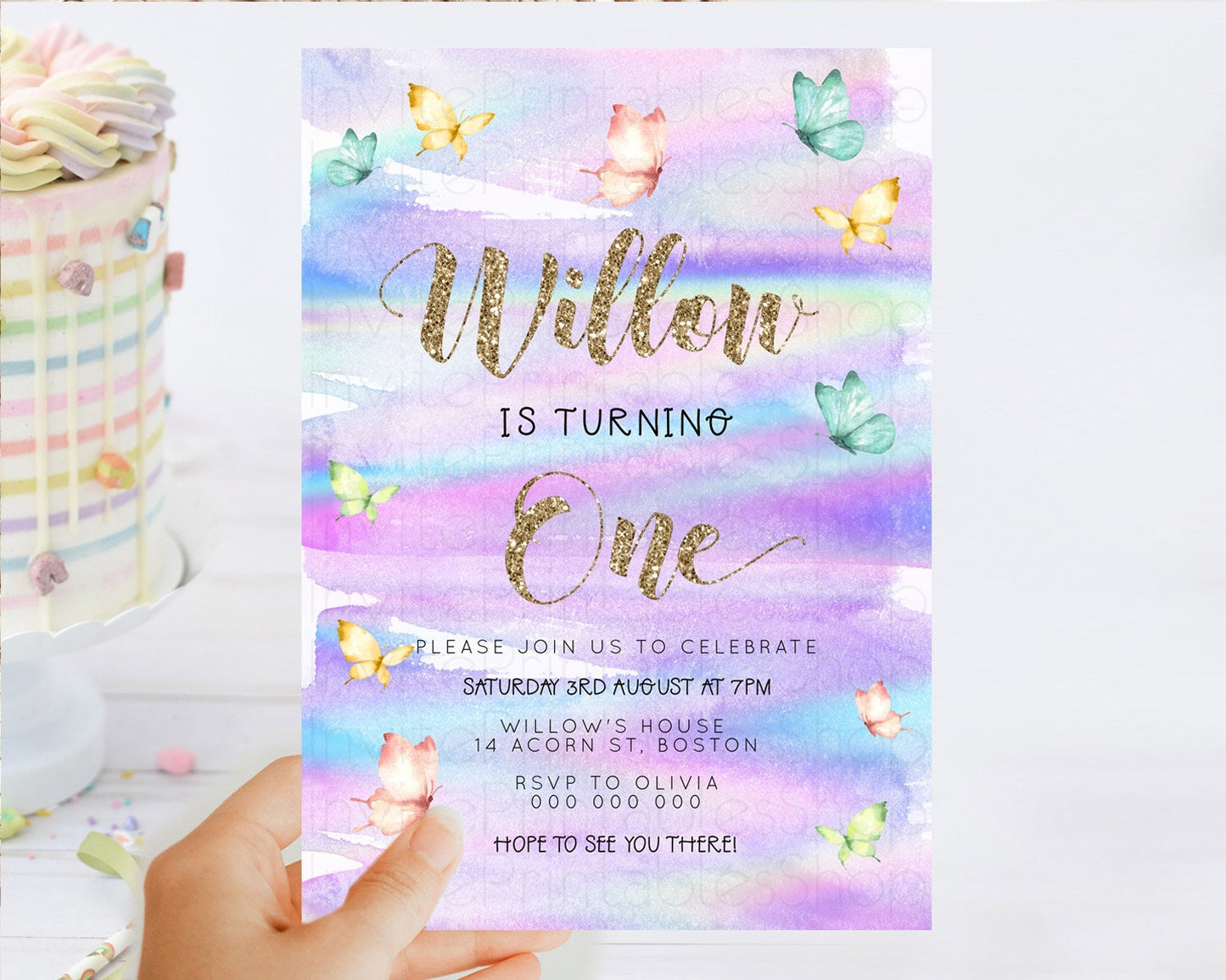 Pastel Butterfly Birthday Invitation Butterfly Birthday Invitation Colorful Splash Glitter Butterfly Garden 1st 2nd Birthday D23215