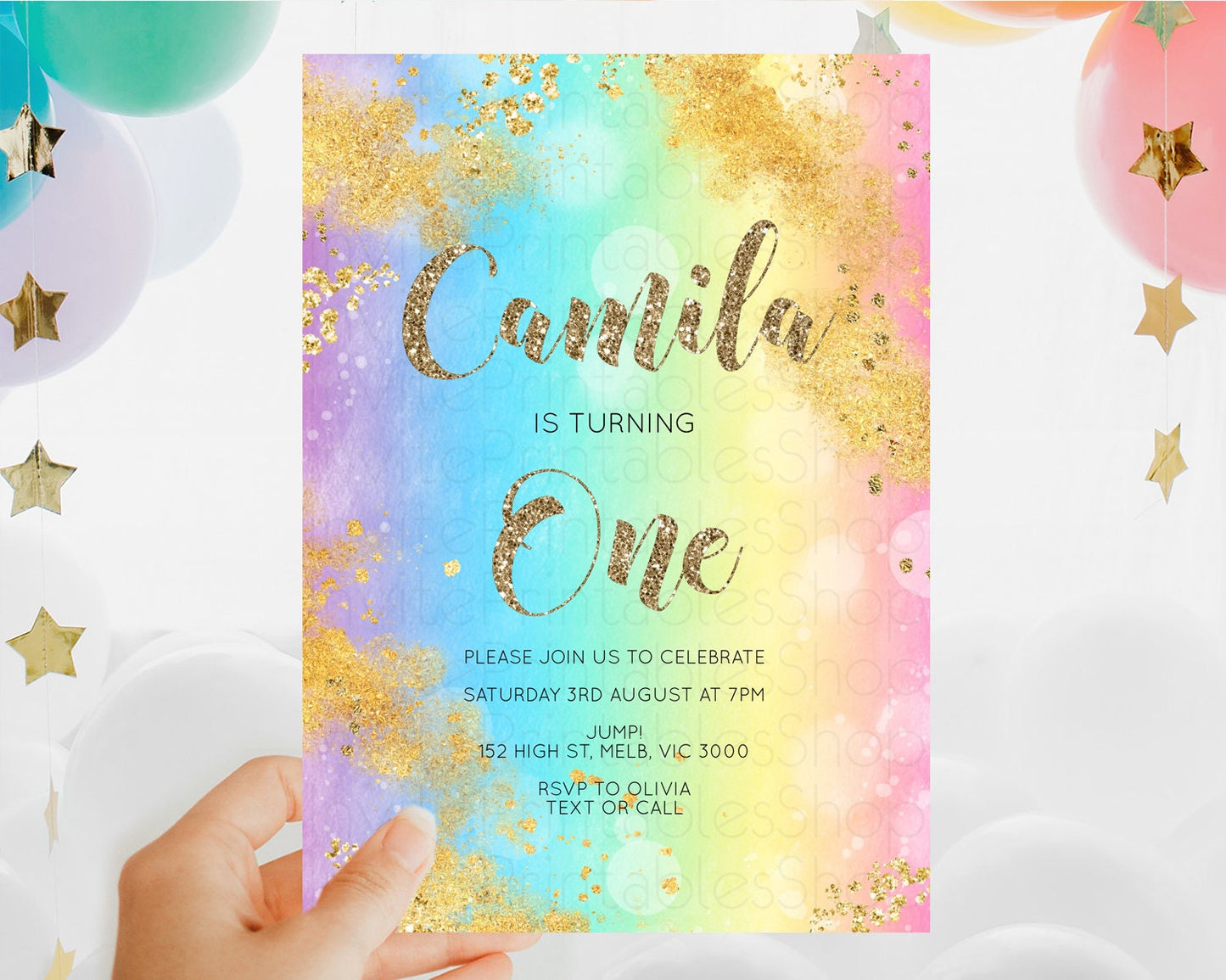 Editable Rainbow Birthday Invitation Colorful Pastel Watercolor Invitation G