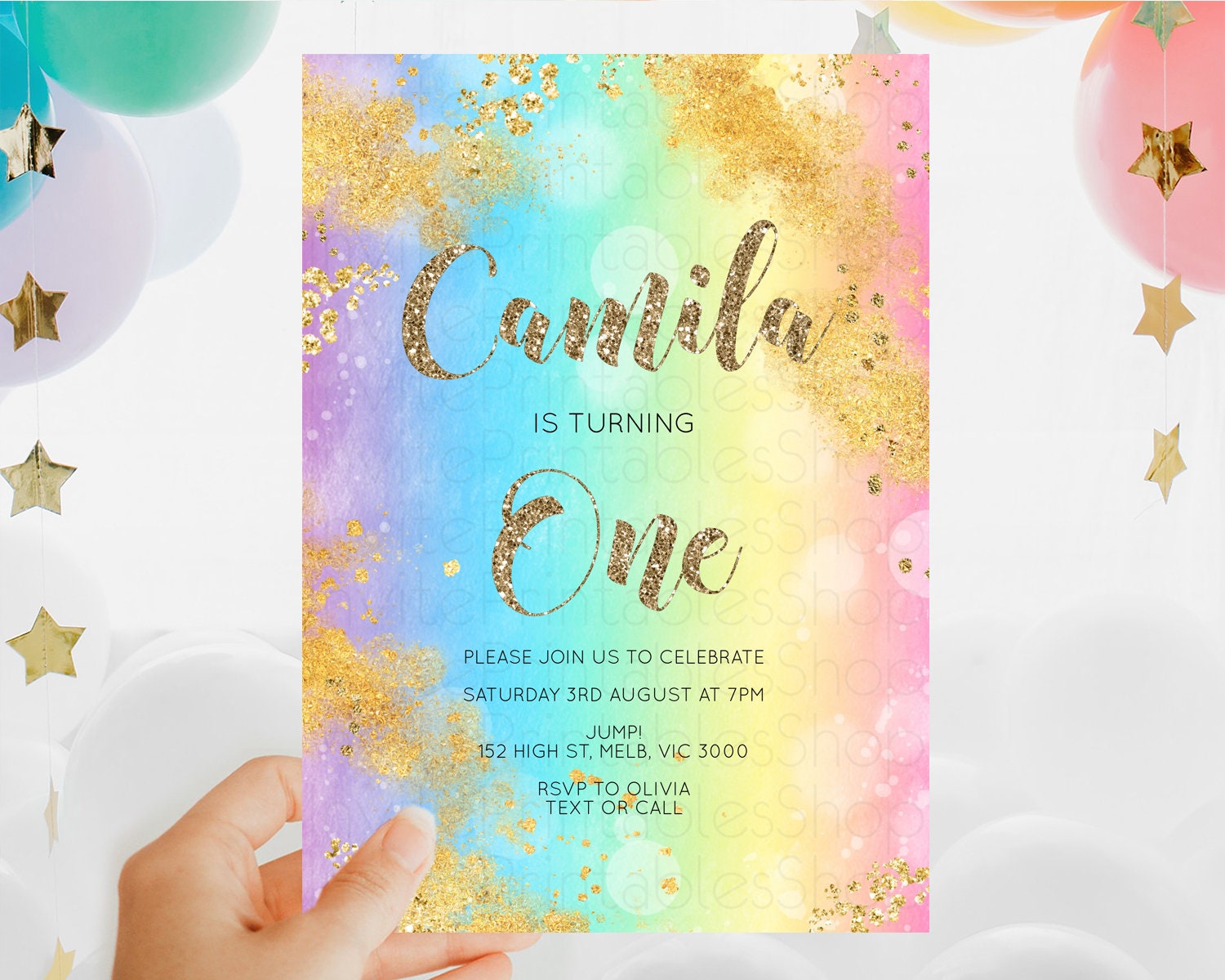 Editable Rainbow Birthday Invitation Colorful Pastel Watercolor Invitation G