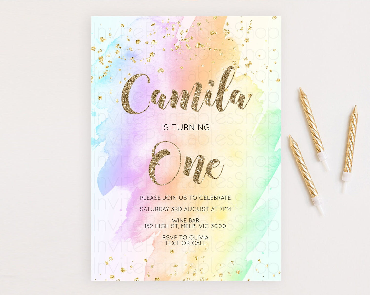 Rainbow Birthday Invitation Colorful Pastel Watercolor Invitation Gold Glitter Sprinkles Ombre Pastel 1st 2nd 3rd Birthday D10643