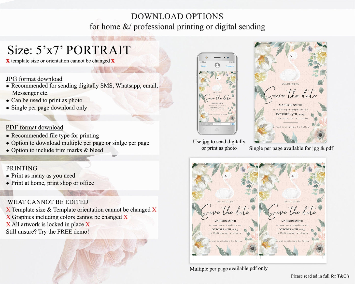 Swan Save The Date Template Swan Princess Ballet Party Enchanted Swan Lake Secret Garden Pastel Floral Birthday Baptism Baby Shower D10755