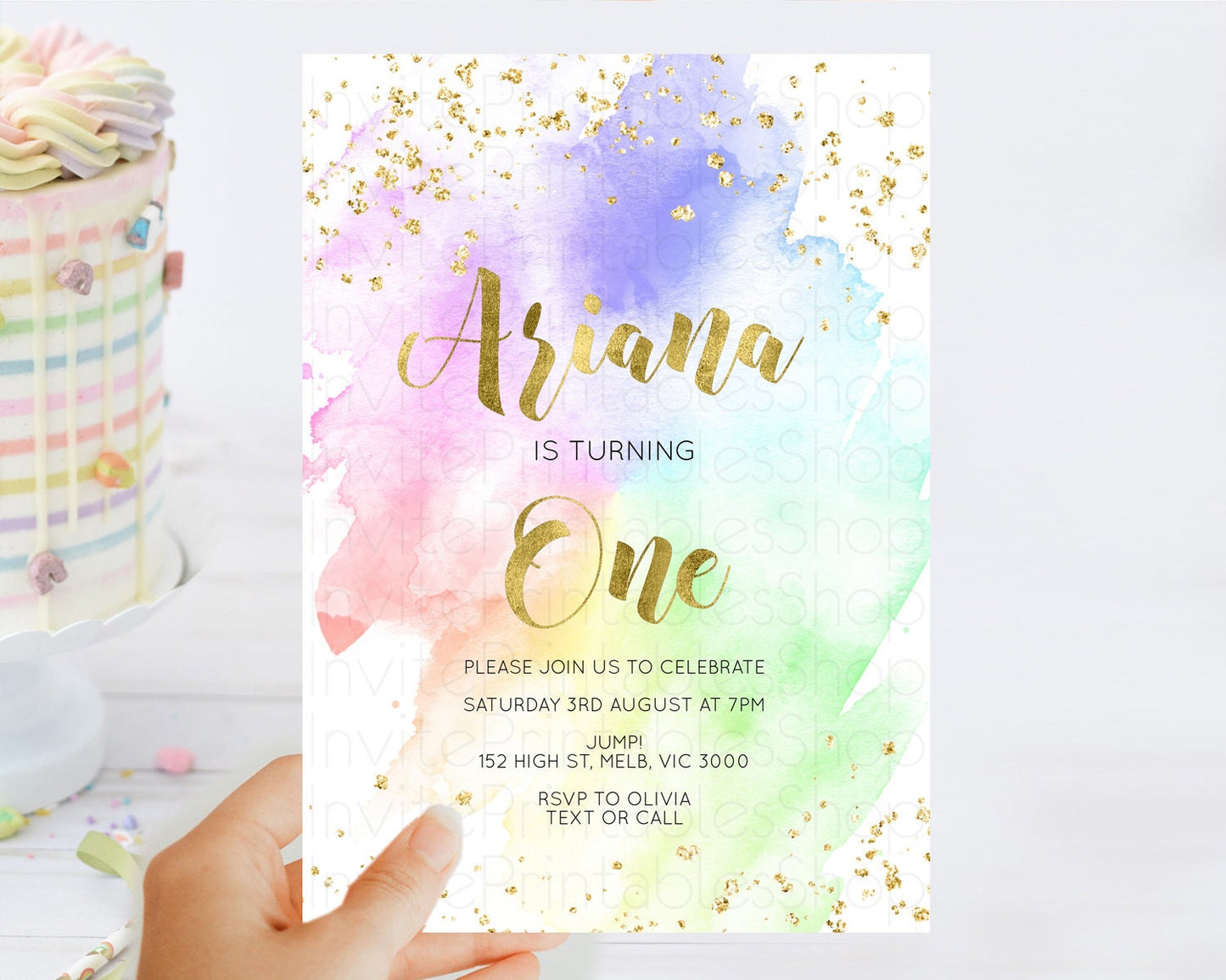 Editable Rainbow Birthday Invitation Colorful Pastel Watercolor Invitation G