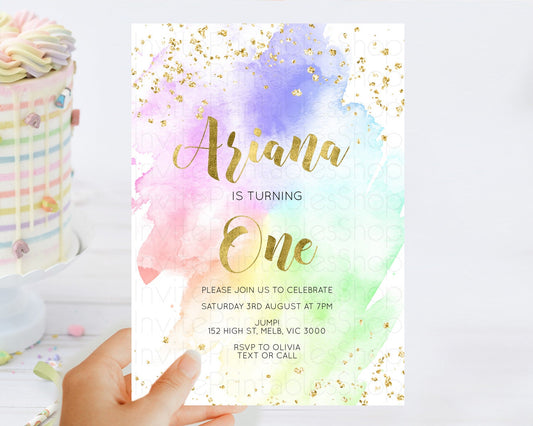 Editable Rainbow Birthday Invitation Colorful Pastel Watercolor Invitation G