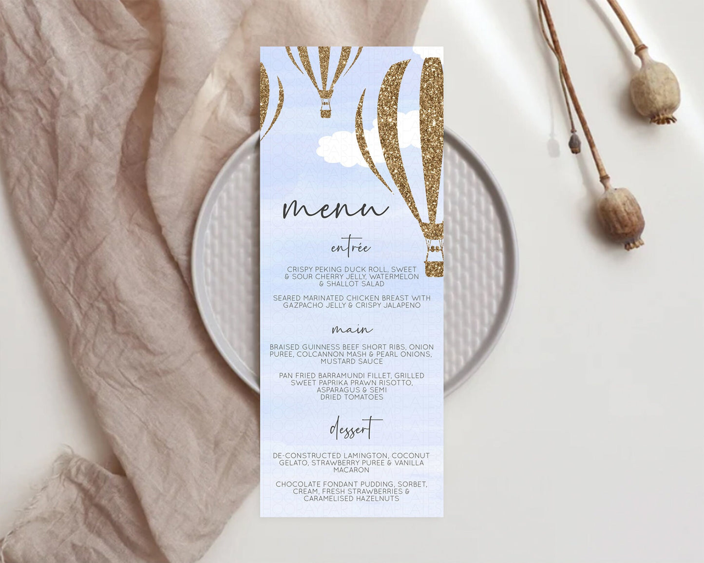 Hot Air Balloon Menu Hot Air Balloon Menu Template Hot Air Balloon Table Decor Adventure Awaits Dinner Dessert Party Food Menu D10333