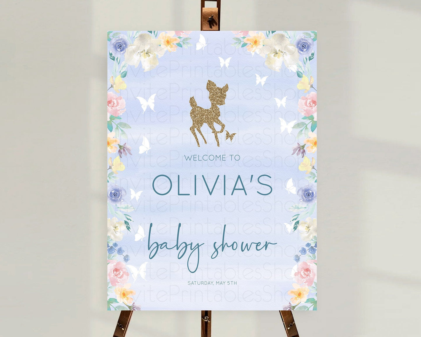 Fawn Baby Shower Welcome Sign Deer Welcome Board Floral Deer Welcome Poster Enchanted Forest Butterfly Pastel Floral Welcome Sign D10879