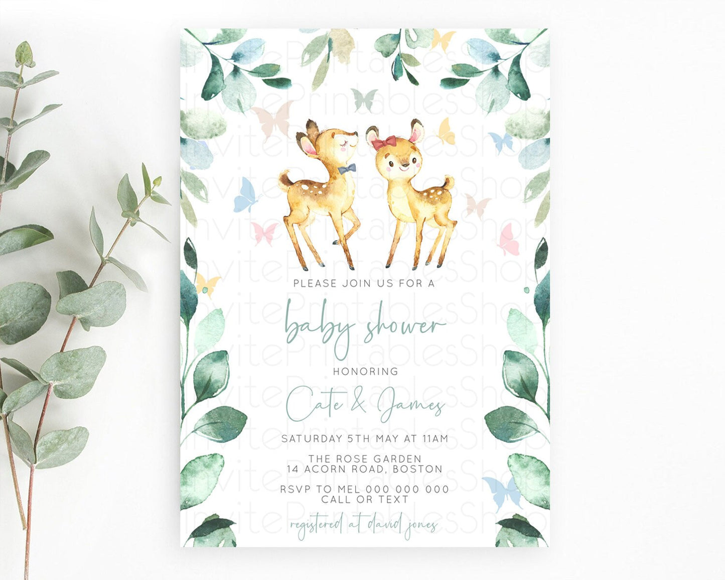 Fawn Baby Shower Invitation, Forest Deer, Butterfly, Pastel Flowers, Whimsical Theme, Rustic Greenery Woodland, Organic Pastel Colors D10767