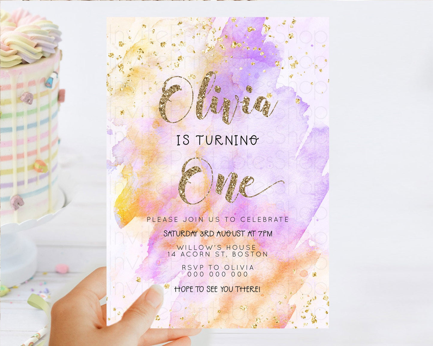 Rainbow Birthday Invitation Colorful Pastel Watercolor Invitation Gold Glitter Sprinkles Ombre Pastel 1st 2nd 3rd Birthday D23300